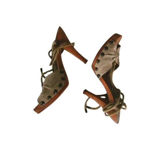 Stella McCartney Tan Wooden Platform Y2K High Heel Ankle Straps Lace Up Sandals - Picture 1 of 6